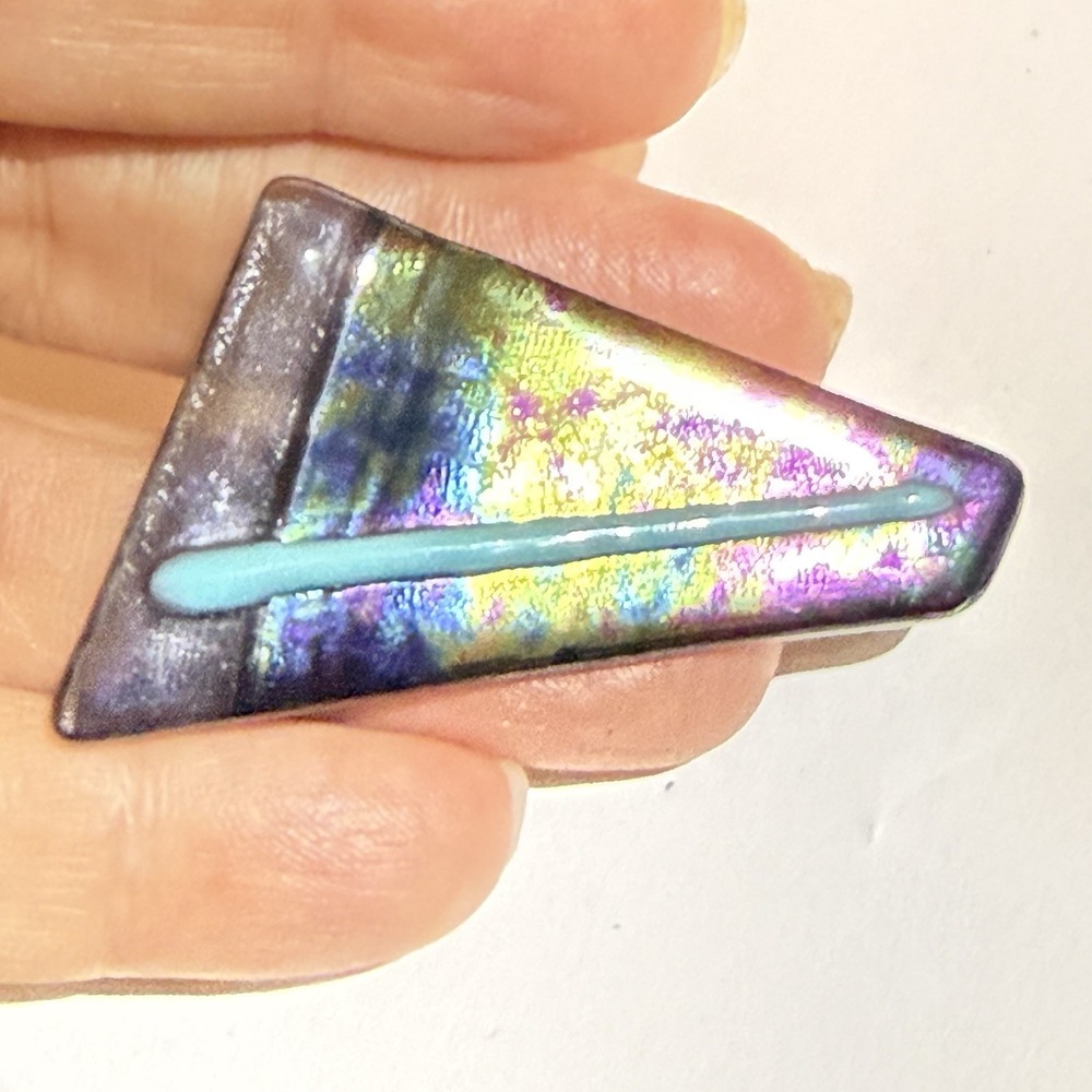 Beautiful! Vintage Dichroic Glass Brooch Pendant Blue Gold Black Iridescent Pin